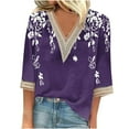 thumbnail image 2 of Vivianyo HD Classic Women's 3/4 Sleeve Shirt Women's Printed Pullover V-neck Lace T-shirt With 4/3 Sleeves And 3/4 Sleeves Top, 2 of 4