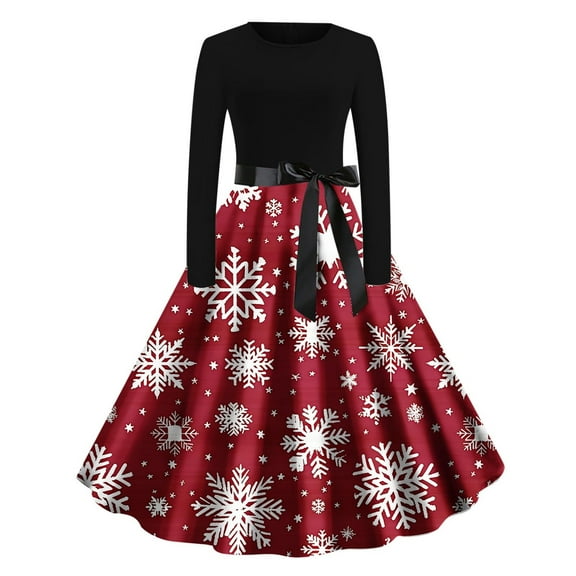 Lorytime Christmas 50s Cocktail Dresses for Women Snowflakes Crew Neck A Line Dress Long Sleeve Party Dresses with Belt