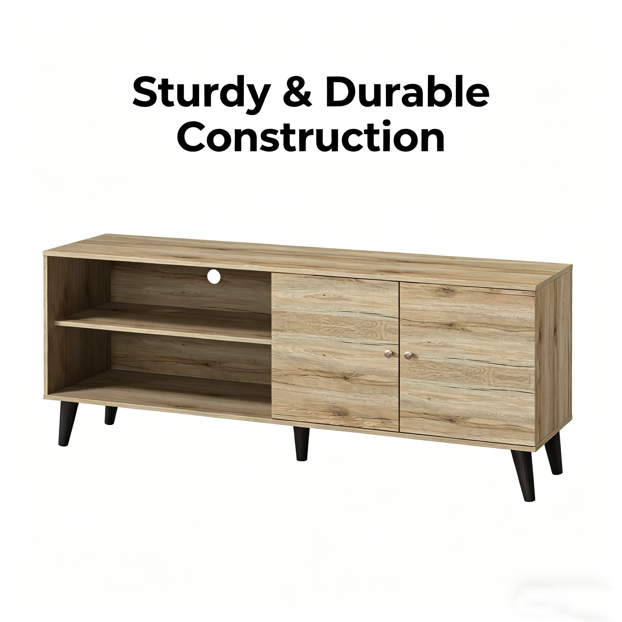 Aukfa Mid-Century Modern TV Stand for TVs up to 65", Wood Entertainment Center with 2 Doors, Low Profile Media Console,Natural
