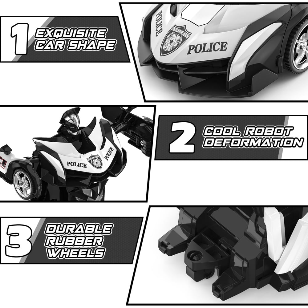 Wupuaait 2.4Ghz Transform Rc Cars 1:18 Scale Remote Control Car Transforming Robot, One-Button Deformation 360° Rotation Car Toy Gifts for Boys 3-12, Police