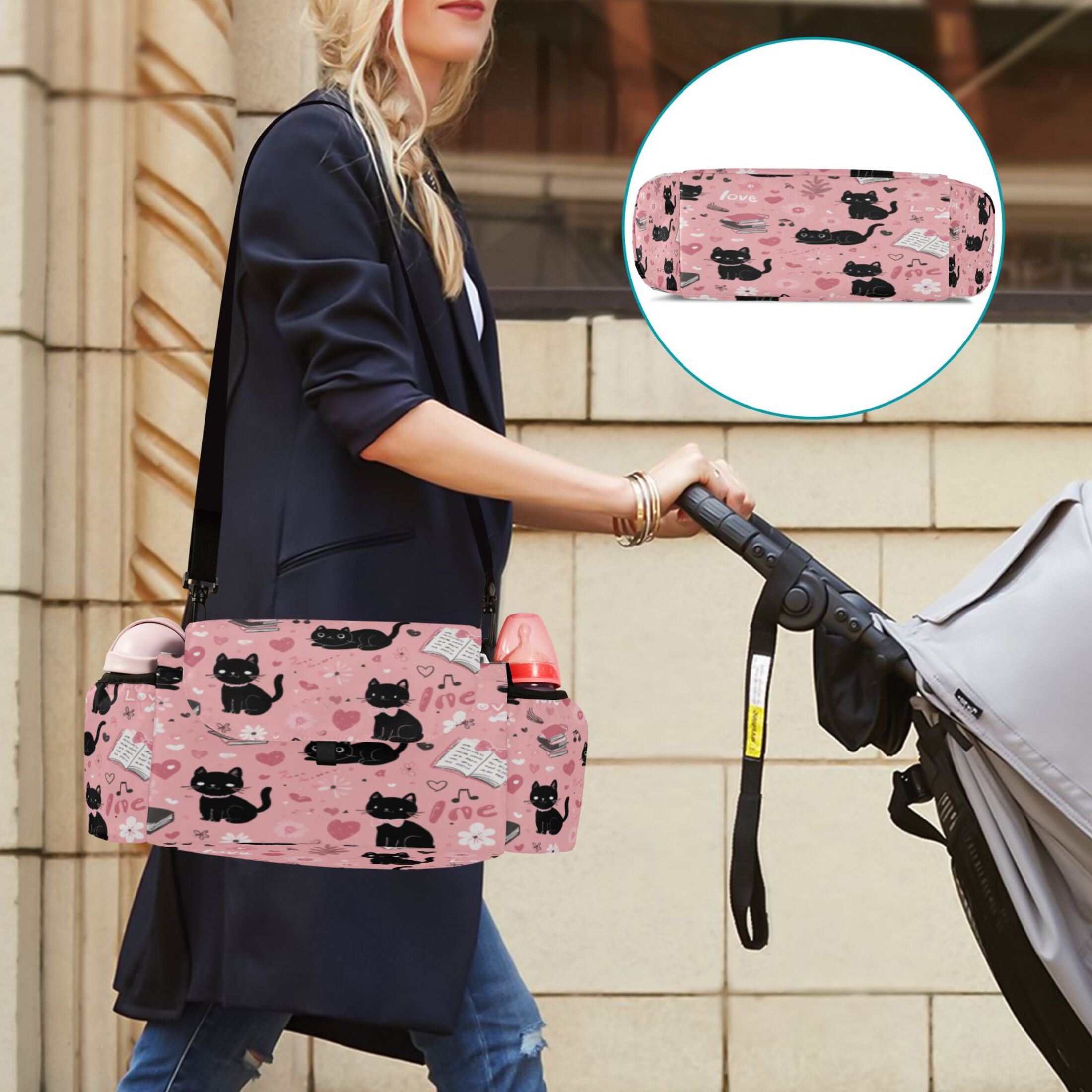 DIXRUYEE Stroller Organizer Pink Cat - Filled Literary Love Printed