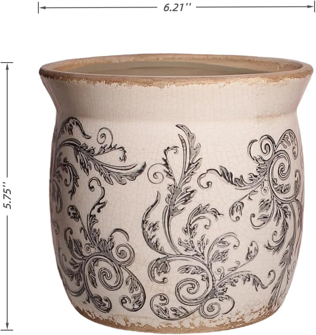 Rustic Ceramic Pots for Plants, 6.21in. Vintage Crackle Glazed Planters for Indoor & Outdoor Plants with Drainage Hole, Unique Planting Pots for Gardening, Tuscan Decor Plant Pots Indoor, Scroll Gray