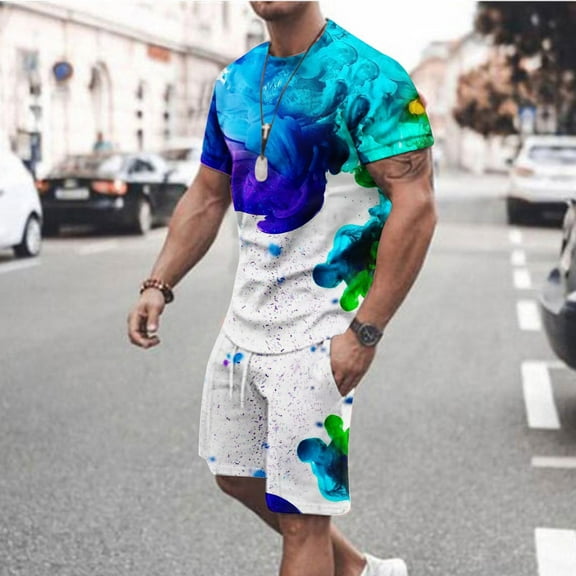 VBTAPA Mens Shorts Set 2 Piece Outfits 2024 Fashion Graffiti Crewneck T Shirts and Shorts Matching Set Big and Tall Casual Streetwear Lightning Deals of Today Blue L