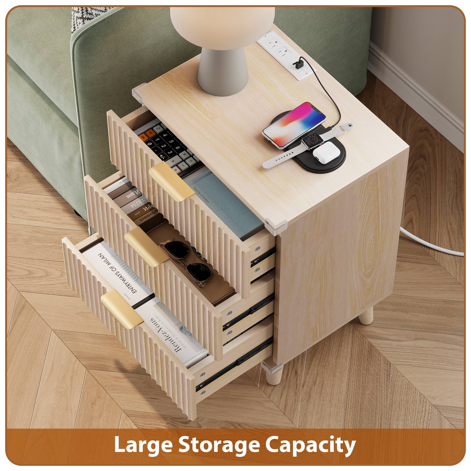 Laintene 3-Drawer Dresser for Bedroom, Nightstand with Charging Station - Modern Fluted with Solid Wood Legs, 2 AC Outlets & 2 USB Ports, Small End Table with Storage, Natural