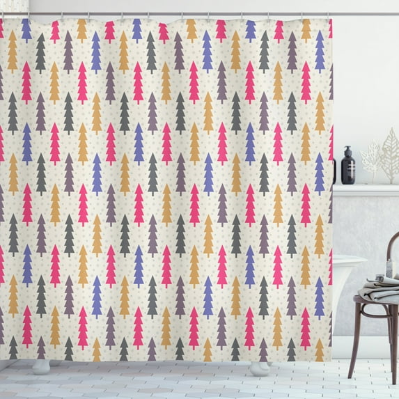 Geometric Forest Shower Curtain, Colorful Christmas Trees with Snowflake Pattern on Off White Background, Fabric Bathroom Set with Hooks, 69W X 84L Inches Extra Long, Multicolor, by Ambesonne