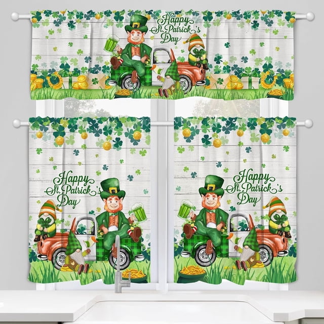 Curtain Set, 3 Piece St Patricks Day Kitchen Decor, Green Gnome Farmhouse Design, 36'''' Short Window Curtains with Valances
