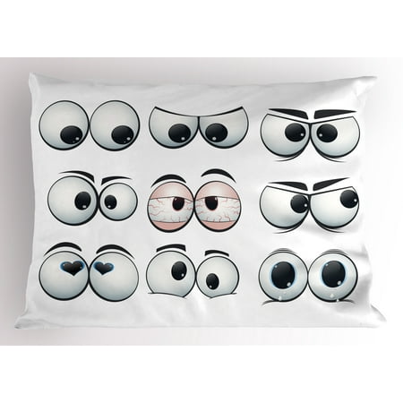 Eye Pillow Sham Collection of Cartoon Expression Eyes Showing Different Emotions and Views, Decorative Standard Size Printed Pillowcase, 26 X 20 Inches, Pale Grey Blush Black, by Ambesonne