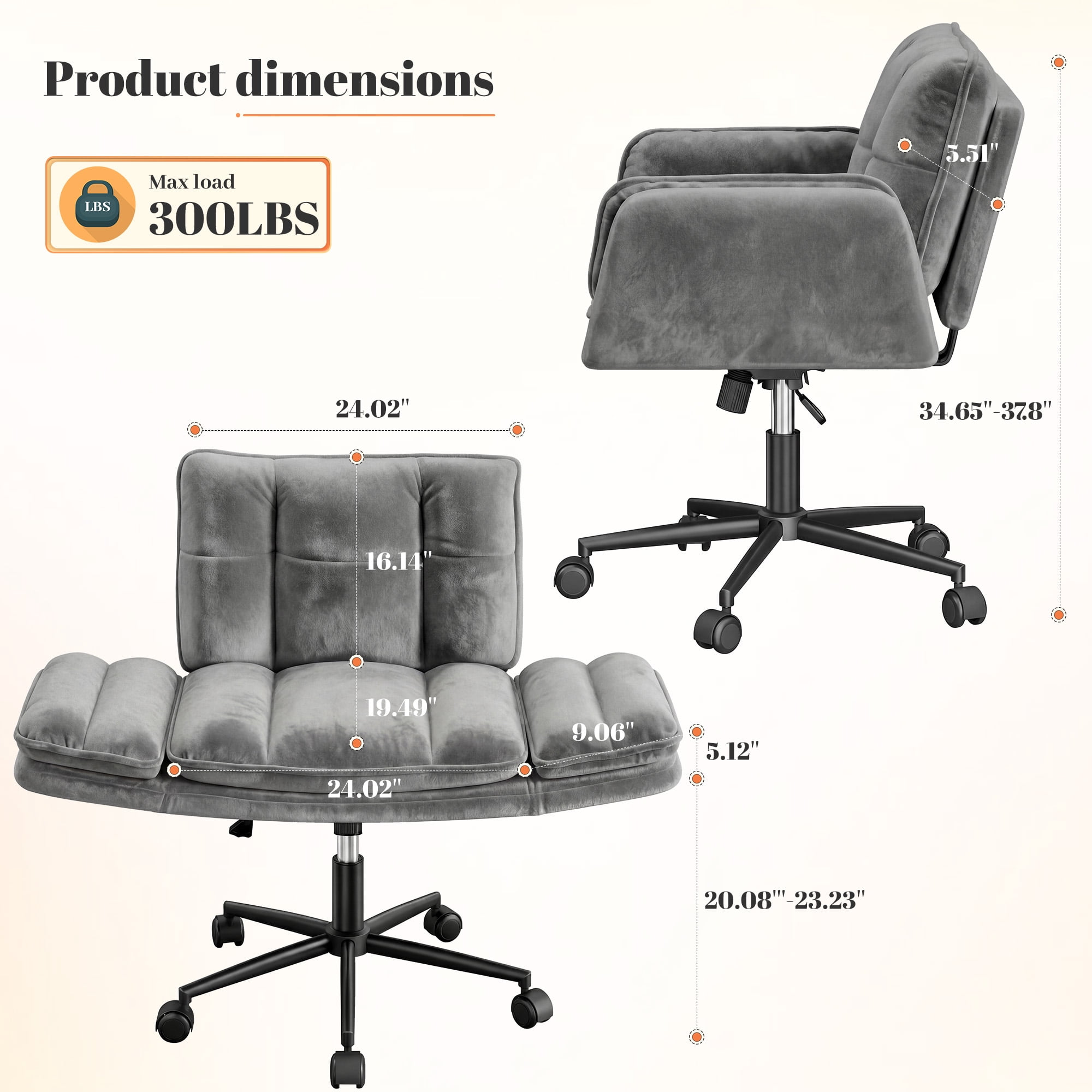 Romorgniz Criss Cross Chair with Wheels Plush Fleece Vanity Chair with 5-Gear Adjustable Armrests Ergonomic Office Chair for Home Office, Gray