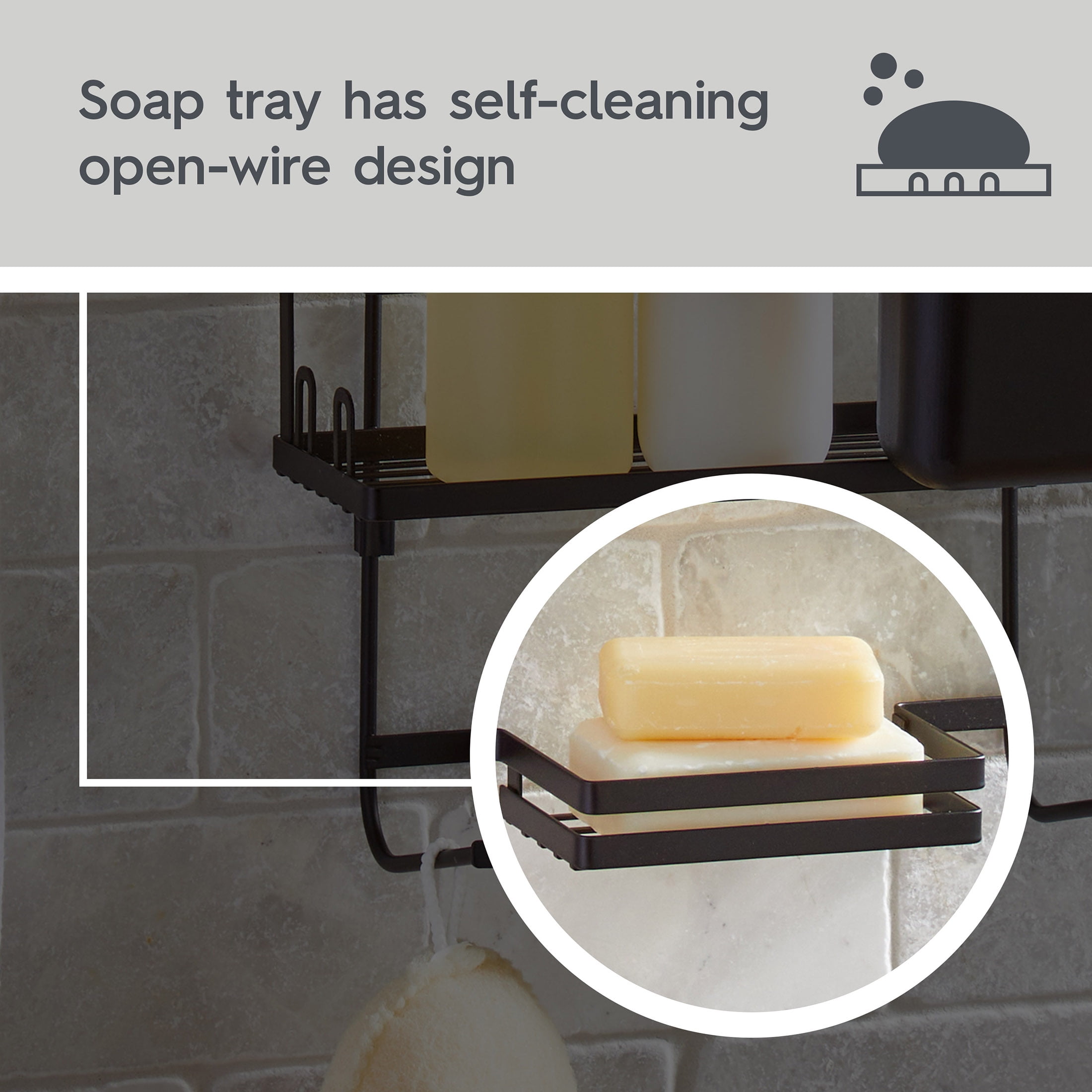 Better Homes & Gardens Matte Black Hanging Shower Caddy with Lock-Top and Soap Tray