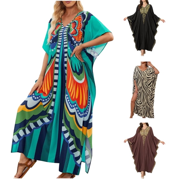 Tqyyweavej Women Floral Print Kaftan Dresses Plus Free Size Lightweight Beach Cover Up Casual Long Popular Swimsuits Coverups