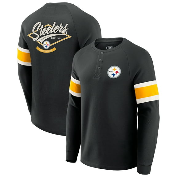 Men's Darius Rucker Collection by Fanatics Black Pittsburgh Steelers Waffle-Knit Raglan Long Sleeve Henley T-Shirt