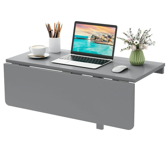 Patiojoy Wall Mounted Floating Folding Table Floating Wall Desk Fold Down for Small Spaces Multipurpose Space-Saving Folding Desk for Home Office Dining Room Laundry Room Grey