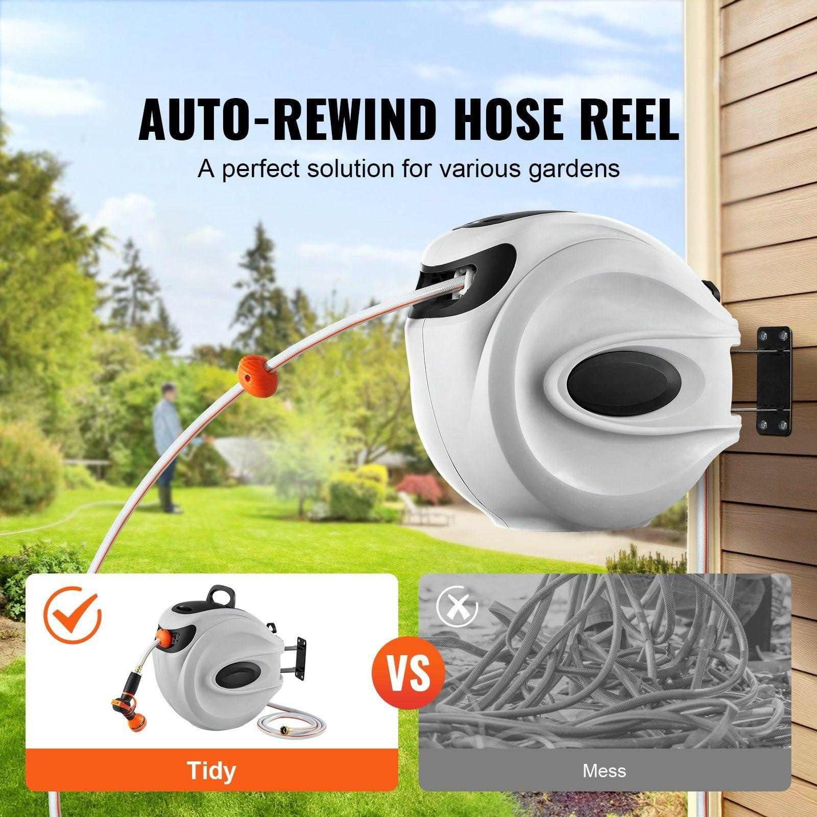 Retractable Hose Reel 115ft x 1/2", Wall Mounted Water Hose Reel with Auto Rewind, 180° Swivel, 9-Pattern Nozzle - Garden, Lawn, Car Washing