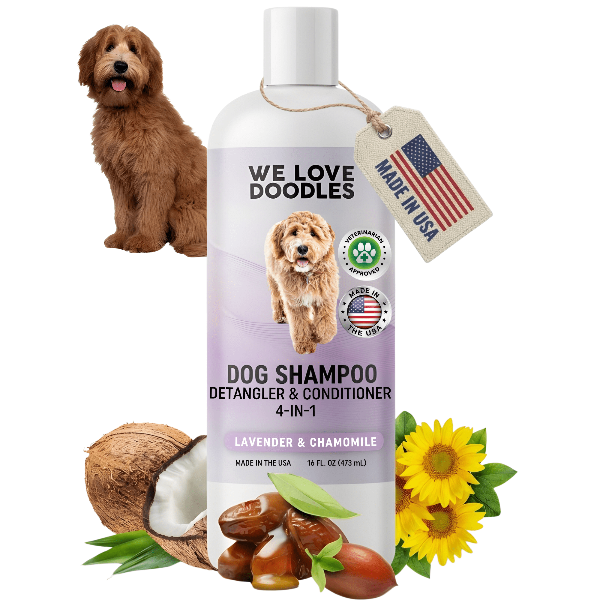 4-in-1 Lavender & Chamomile Dog Shampoo Dog Shampoo, Conditioner & Detangler - Best Shampoo for Goldendoodles, Poodles & Doodles - For Matted Pet Hair - Made In The USA, 16OZ [Non-Organic]