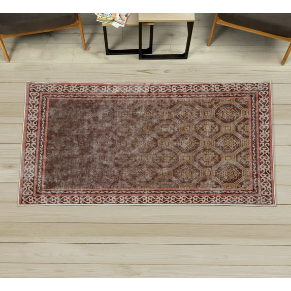 Ethnic Decorative Rug, Vintage Damask Grid of Medieval Style Cells and Swirling Folk Detailed Frame, Quality Carpet for Bedroom Dorm and Living Room, 6 Sizes, Burnt Sienna, by Ambesonne