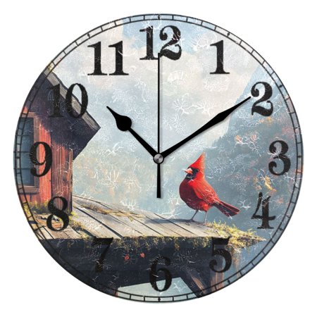 A Red Bird on Roof View Silent Wall Clock 10 Non-Ticking Battery Clock