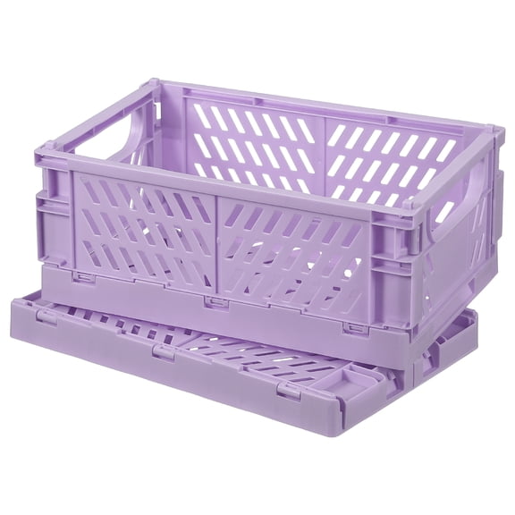 Uxcell 2Pcs Small Plastic Storage Baskets, 6 x 3.9 x 2.4" Stackable Foldable Storage Bins with Handles Collapsible Crates for Home Office Shelves Closet Clothes Books Organizing, Purple