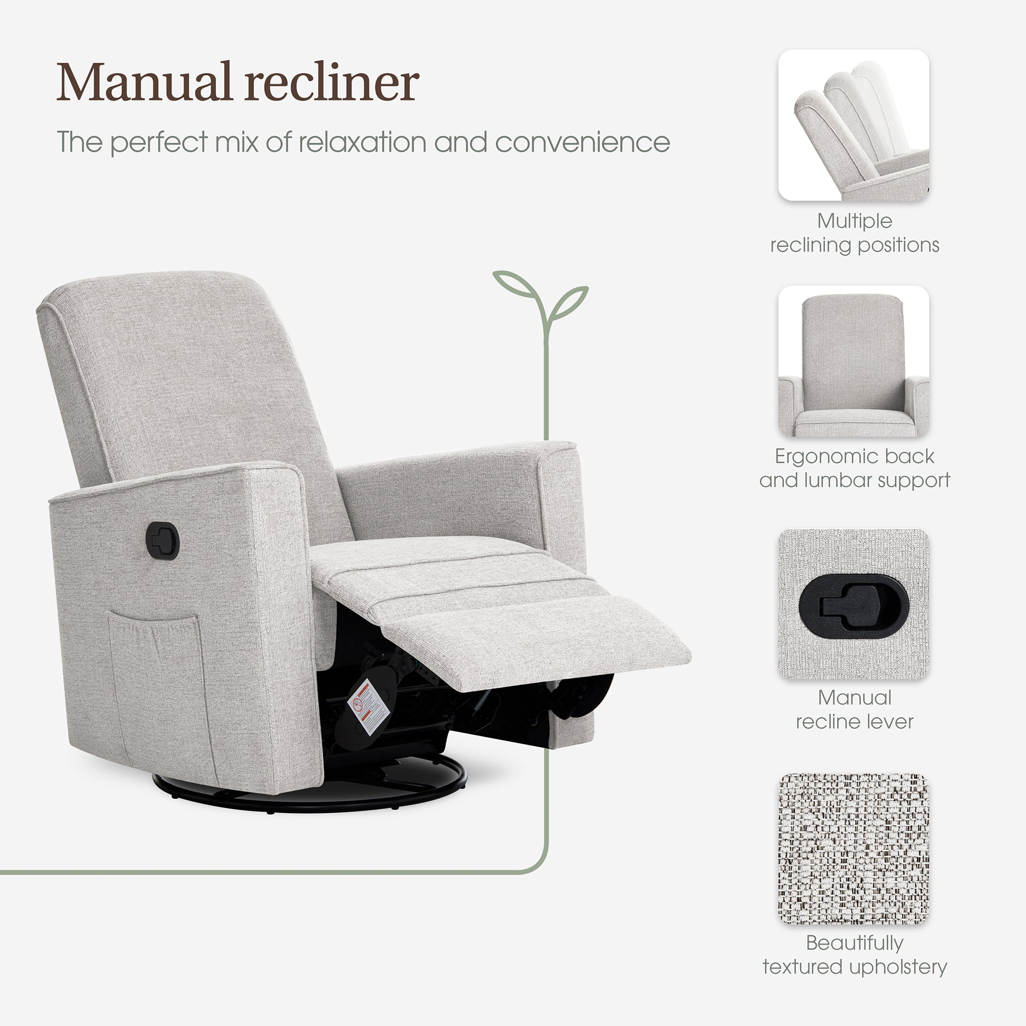 Evolur Raleigh Basic Glider |Recliner| Rocker, Soft Pebble