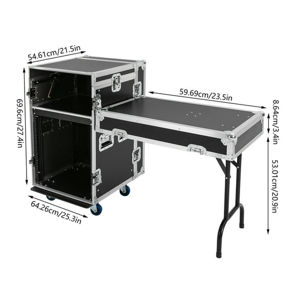 12U Sound Box 12U PA Rack/Road Case Top DJ Table Top 2 Layers Studio W/ Casters