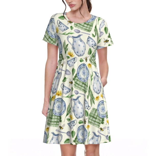 Balery Vintage Utensils Vestidos sueltos de manga corta para mujer, vestidos de verano 2025, vestidos casuales de corte A con vuelo.