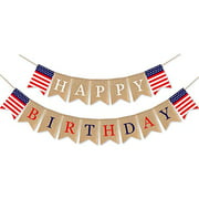 SWYOUN Burlap Happy Birthday Banner USA American Independence Day Party Supplies 4th of July Mantel Fireplace Decoration