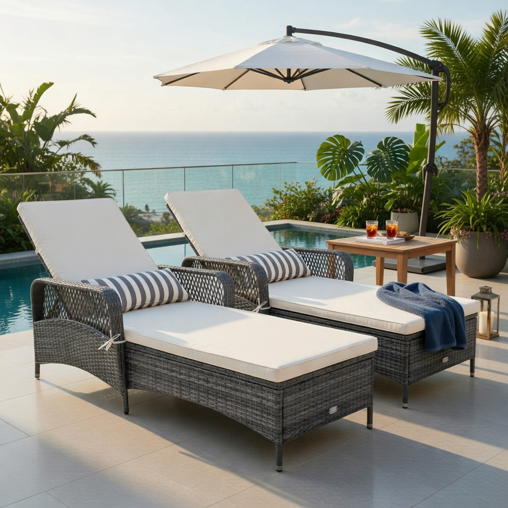 Hommoo Outdoor Chaise Lounge Chair with 6-Position Reclining Backrest, Gray PE Rattan, Heavy-Duty Metal Frame, Poolside Patio Lounger, Off-White