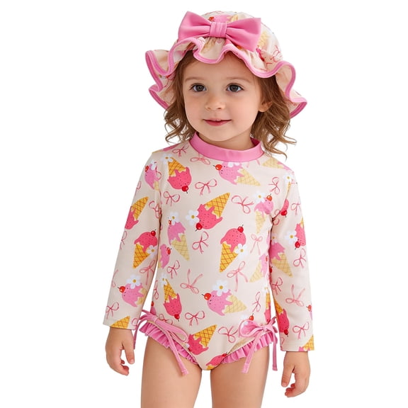 RTKFRFLM Girls One Piece Swimsuit with Matching Hat, Cute Cartoon Ice Cream Print Swimwear for Toddlers Kids
