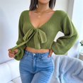 thumbnail image 5 of Women Long Sleeve Crop Front Bowknot Ribbed Knit Pullover Sweaters Fall Winter V Neck Crop Tops Pullover Green L, 5 of 8