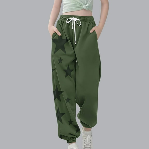 Juslio Girls Pants Casual Unisex Child Zhongda Star Printed Elastic Waist Drawstring With Pocket Leg Tight Waist Army Green