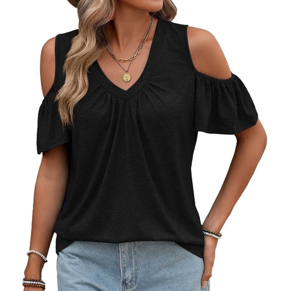 Guluxicc Summer Cold Shoulder Tops for Women V Neck Short Sleeve Shirts Ladies Cute Casual Blouse Going Out Outfits