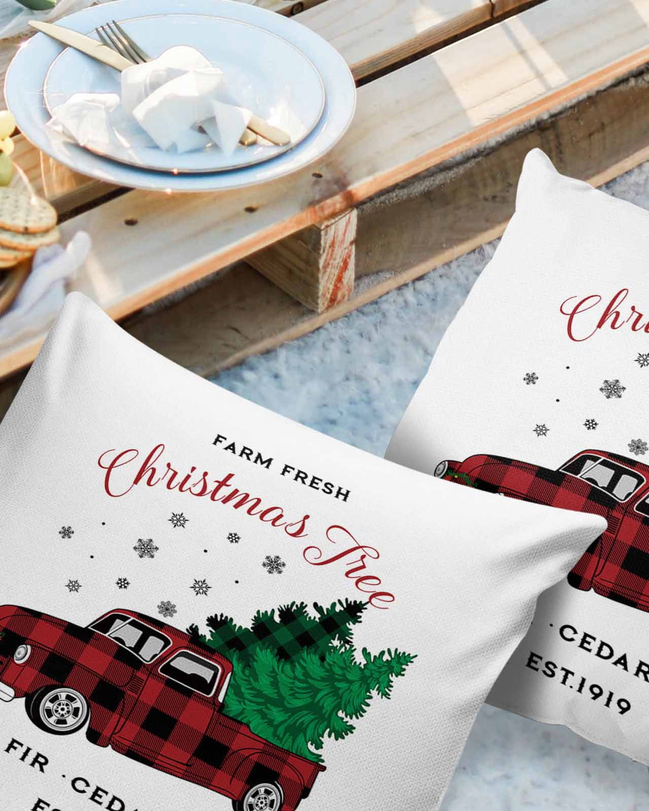 Pack of 2 Outdoor Pillow Covers, Christmas Red Plaid Truck Carry Xmas Tree White Background Waterproof Square Throw Pillowcase Cushion Decorative Pillow Covers for Couch Patio Tent, 24x24 in