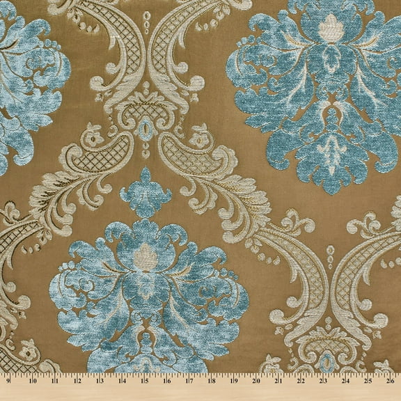 Royal Damask Chenille Upholstery Brocade Jacquard 56/58" Fabric By The Yard - Tan / Turquoise