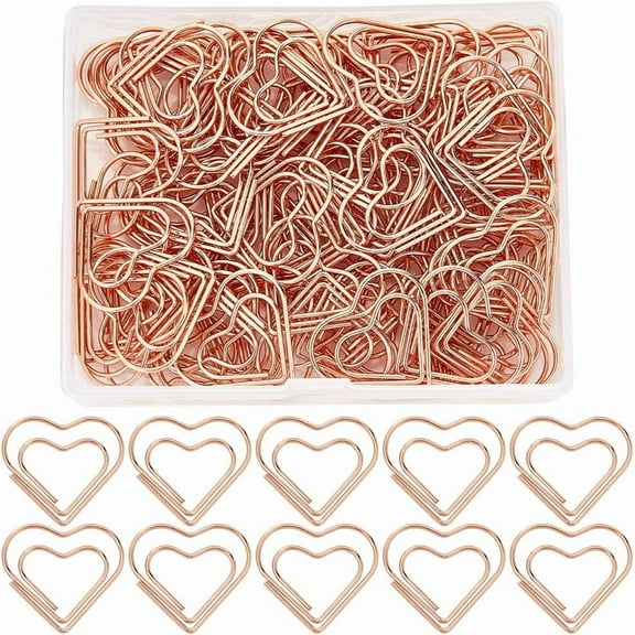 1 set 100pcs Heart Shape Iron Paper Clips Cute Paper Clips Funny Bookmark Marking Clips Rose golden 21x23.5~24x1mm