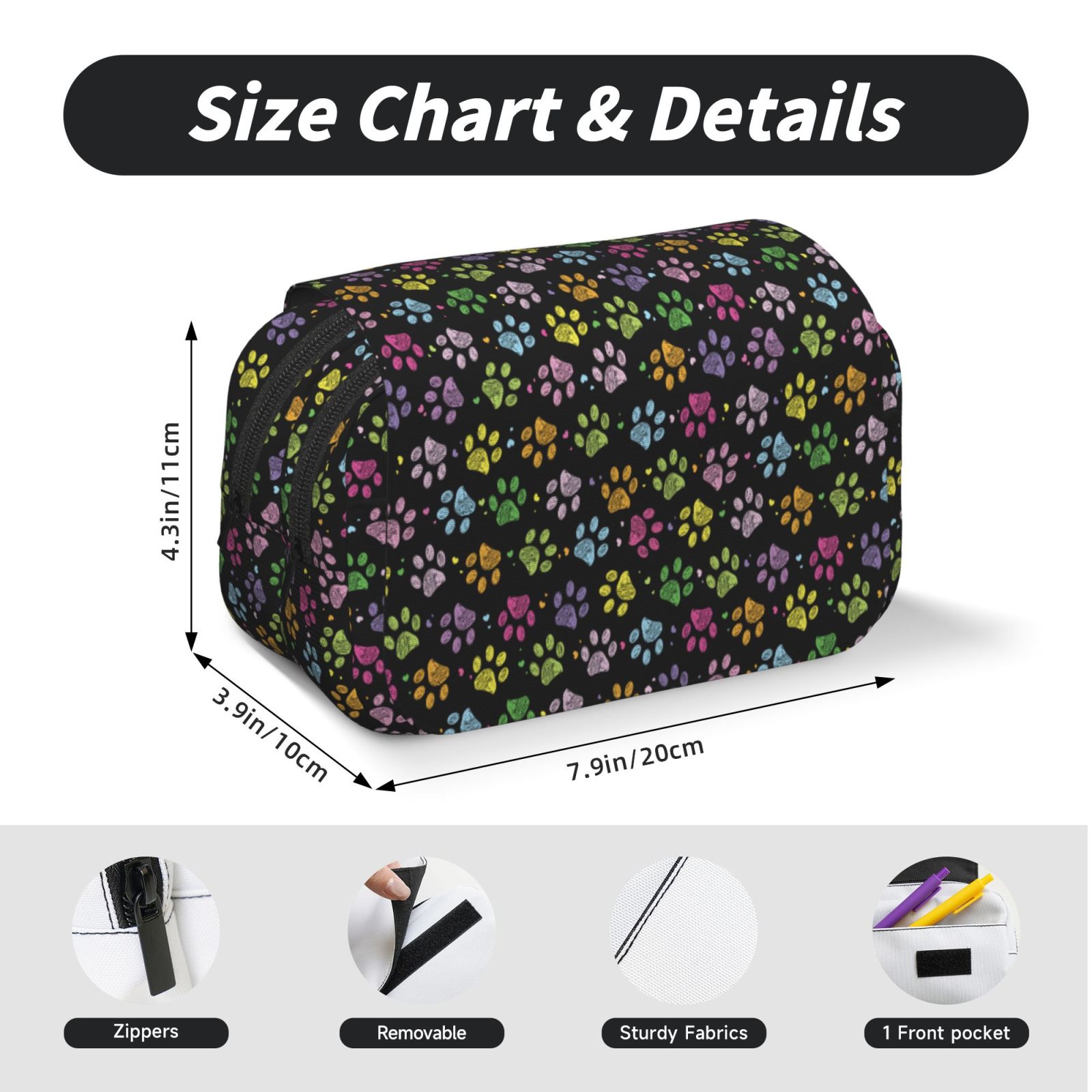 Rateoe Colorful Paw Pattern Double Clamshell Pen Case, Storage Organizer with Two Zipper Compartments– Holds Up to 50 Pencils & Pens