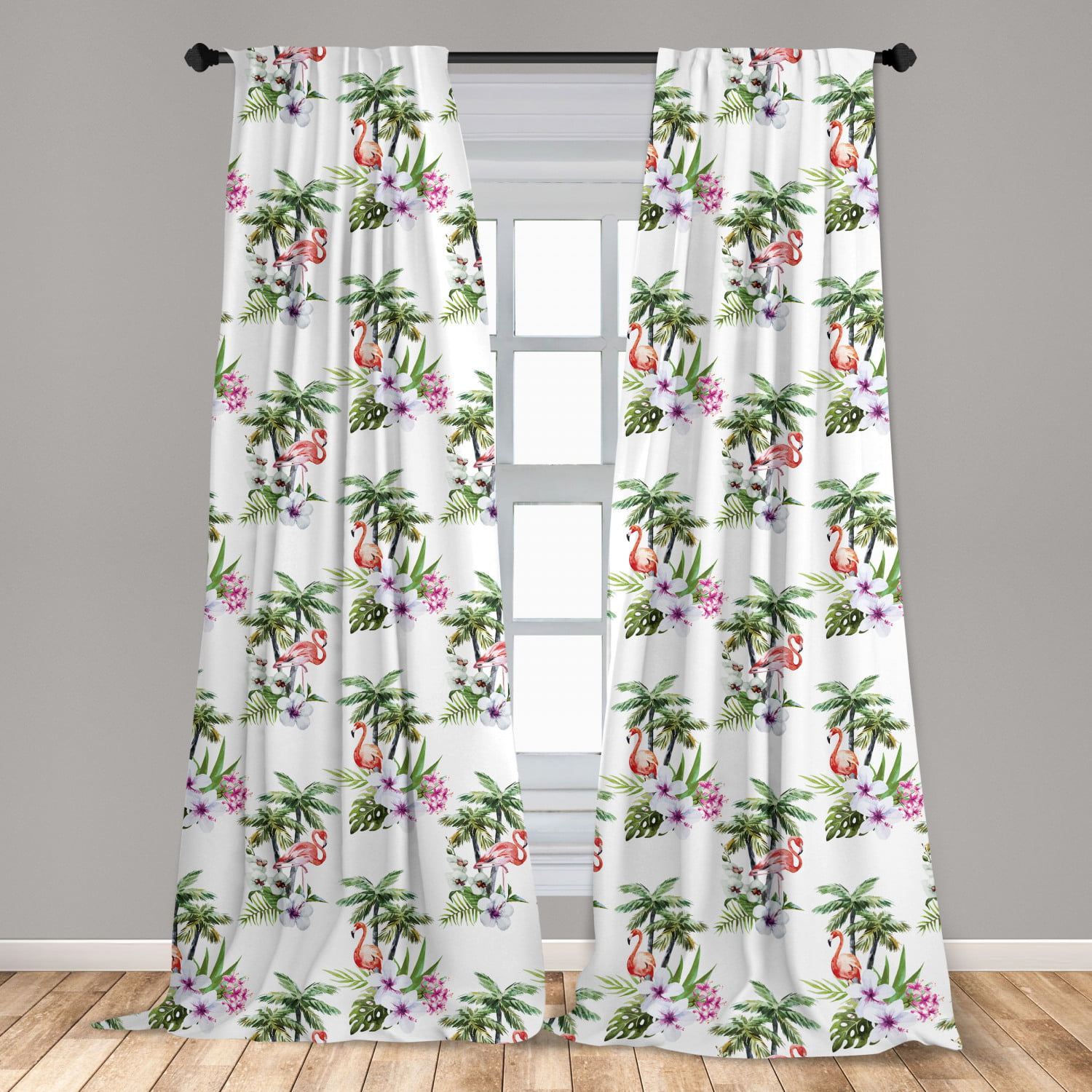 Flamingos and Tree Branches Watercolor Window Drapes Kitchen Curtain 2 Panel Set 