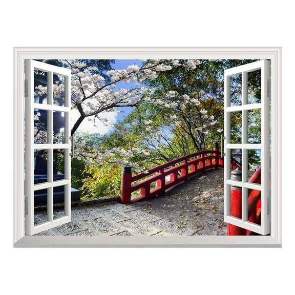 wall26 Modern White Window Looking Out Into a Red Bridge Surrounded by Beautiful Trees - Wall Mural, Removable Sticker, Home Decor - 24x32 inches