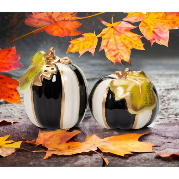 Ceramic Black and White Pumpkin Salt and Pepper Shakers Fall