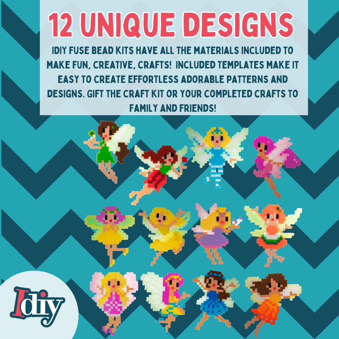 10,000pc Fuse Bead Fairy Kit w Carrier CASE - 25 Colors, 12 Unique Templates, 4 Peg Boards, Tweezers, Ironing Paper, Case - Works w Perler Beads, Pixel Art Color by Numbers Project Gift