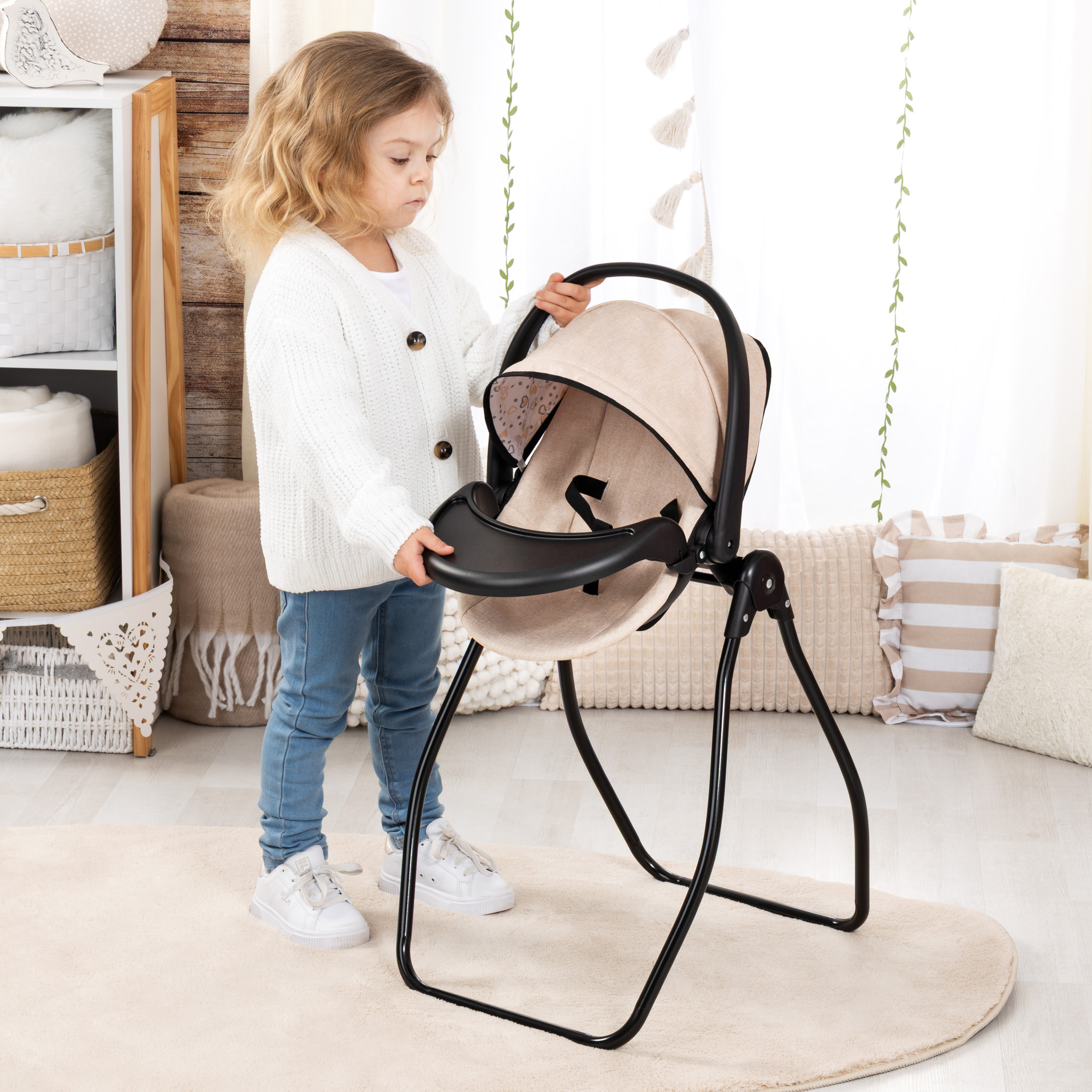 Bayer Design: Doll 4-In-1 Vario - Beige-Black-Hearts - Convertible Toy: Highchair-Swing-Bed-Car Seat, All-In-1 Care Accessory Fits 18" Dolls, Kids 3+