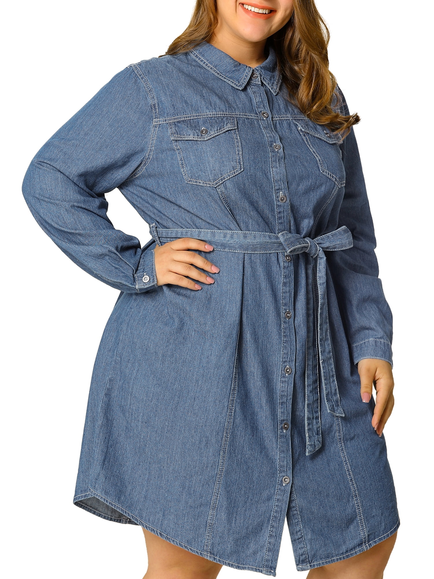 Women's Plus Size Long Sleeve Belted Above Knee Denim Shirt Dress