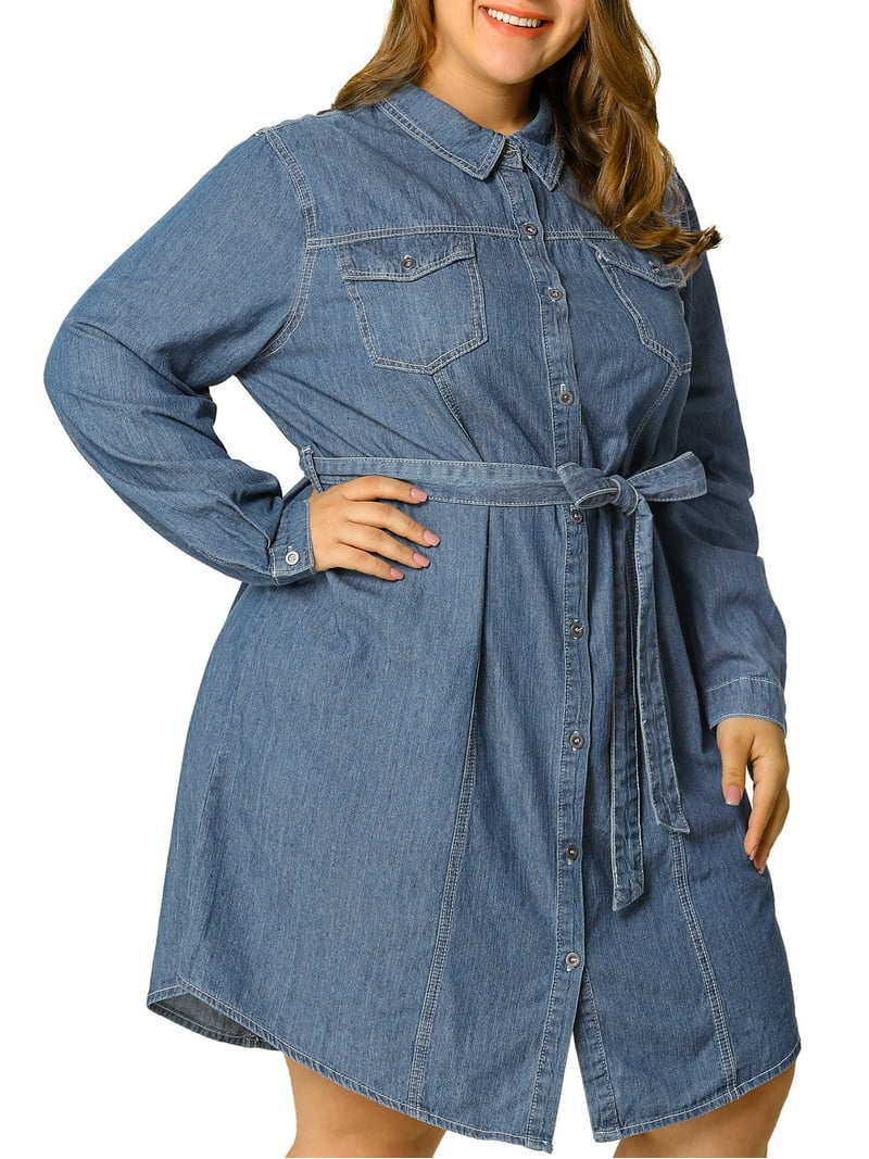 Women's Plus Size Long Sleeve Belted Above Knee Denim Shirt Dress Women's Plus Size Long Sleeve Belted Above Knee Denim Shirt Dress