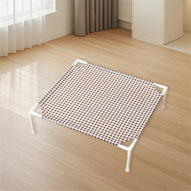 QUTETN Elevated Cooling Pet Bed for Cats and Dogs - Washable, Detachable, Indoor Comfort with White Metal Frame and Checkered Brown/Beige Fabric, Pet Cooling Bed | Cozy Pet Furniture | Durable Pet Cot