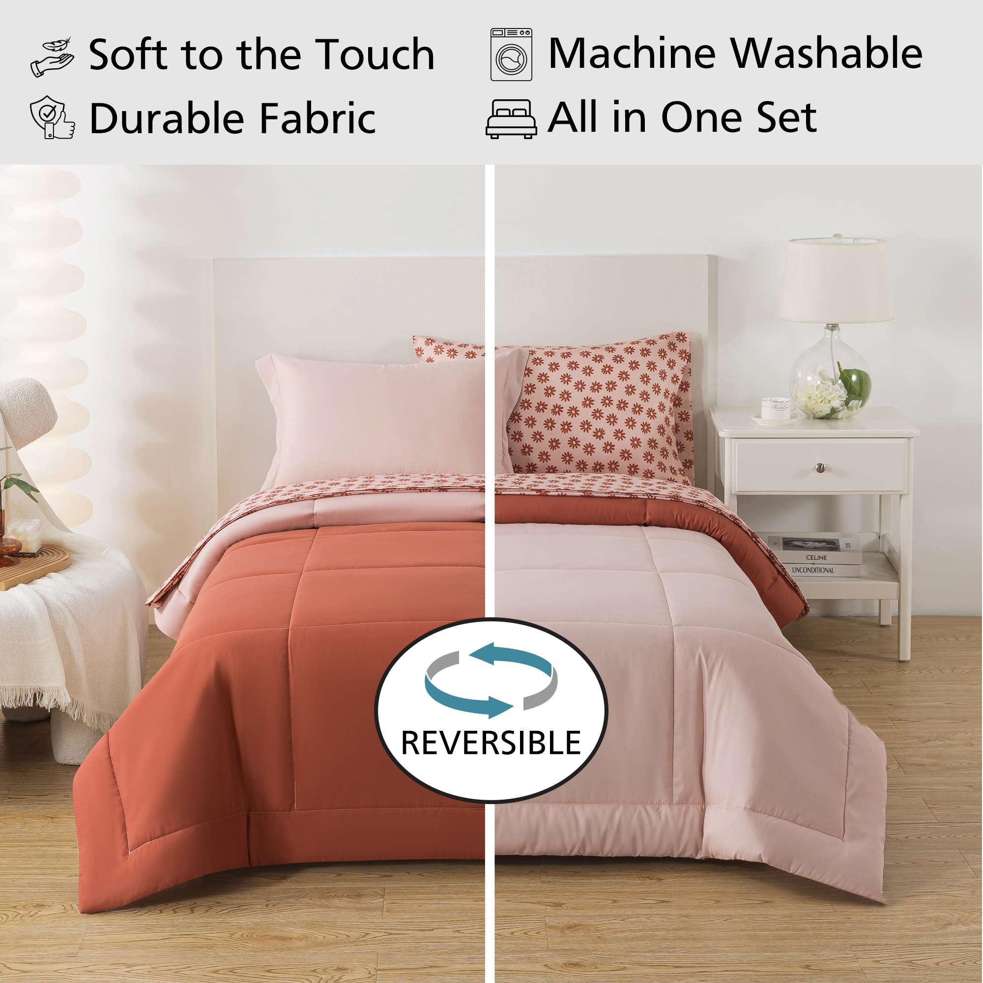 Mainstays All in One Reversible Comforter and Sheet Set, 5-Piece, Twin, Pink Blush