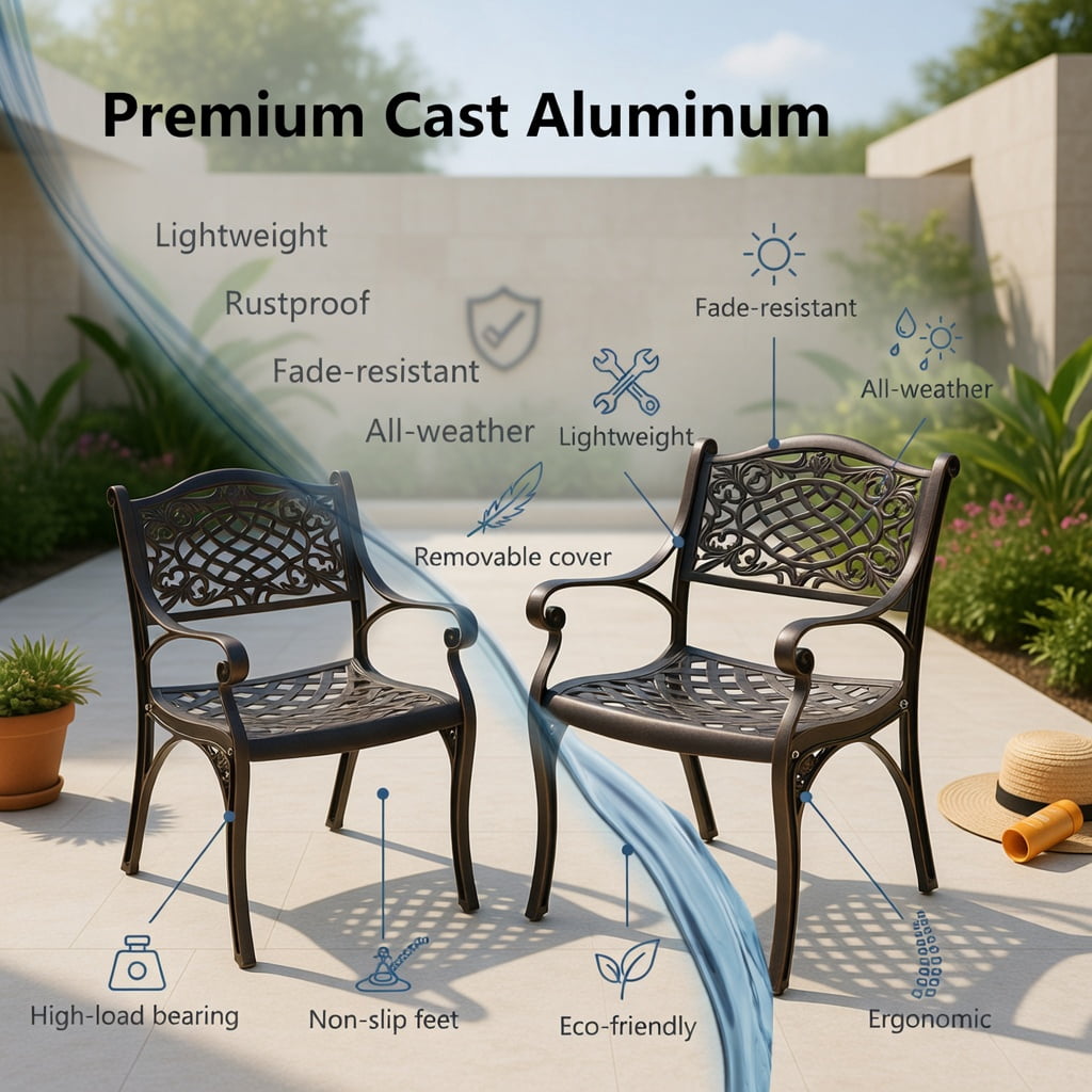 Hommoo 2-Pack Outdoor Cast Aluminum Dining Chairs with Ergonomic Armrests, Curved Breathable Seats & Adjustable Feet, Black