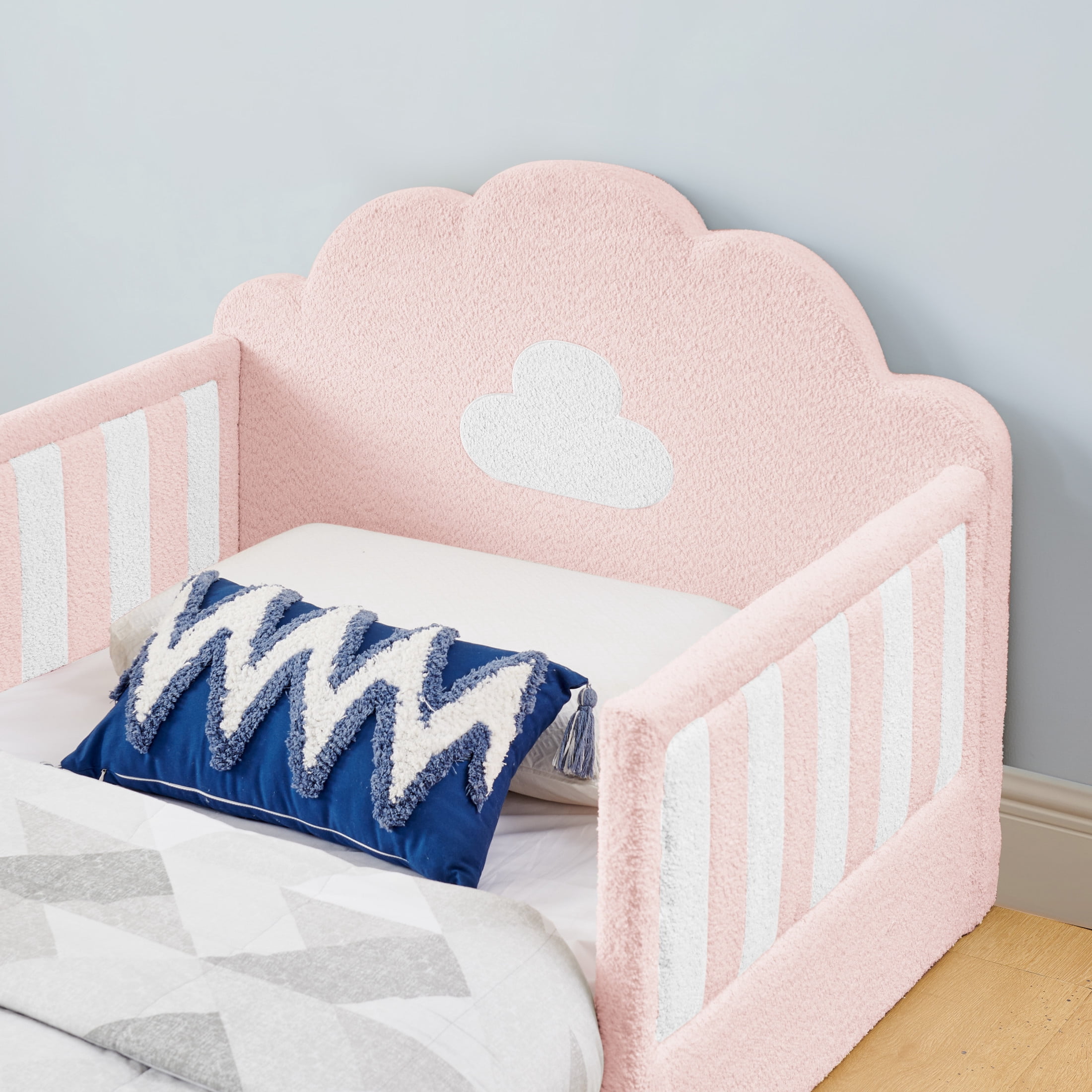 GDF Studio Arvion Twin Size Cloud Bed with Safety Guardrails & Solid Wood Frame, Boucle Fabric Upholstered Bed, Pink