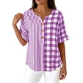 thumbnail image 5 of Womens Cotton Linen Tops Summer Elbow Length Sleeve Tshirts for Women Striped Plaid Printed Ruffled Button V Neck Top, 5 of 6