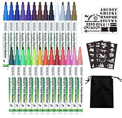 Paint Pens, Shuttle Art 26 Colors Acrylic Paint Markers with Stencils, Low-Odor Water-Based Quick Dry Paint Markers for Rock, Wood, Metal, Plastic, Glass, Canvas, Ceramic