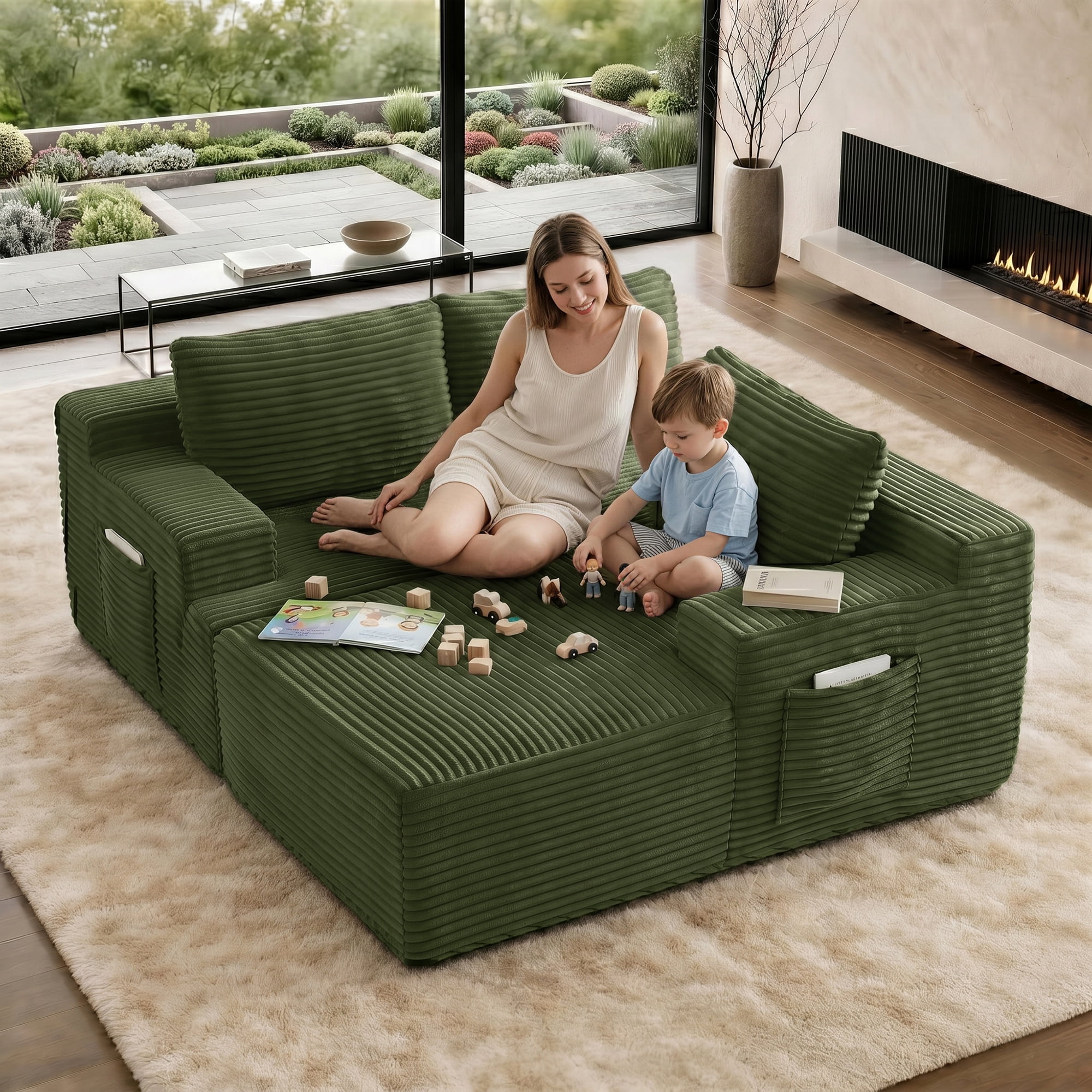 Aukfa 96" Cloud Sectional Couch, Modular L Shaped Boneless Sofa with Right Facing Chaise&2 Storage Pockets, Green