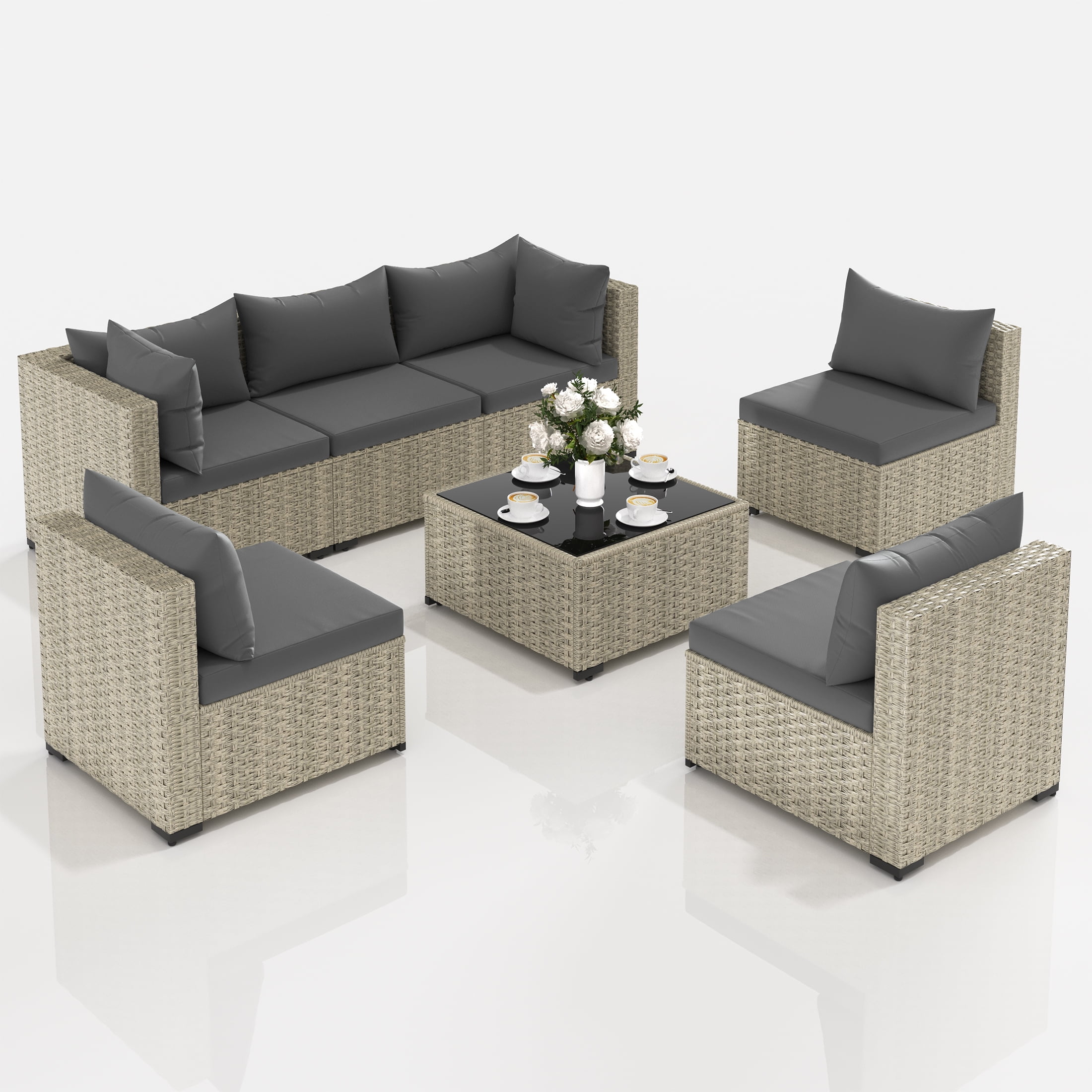 UDPATIO 7-Piece Outdoor Wicker Patio Furniture Set with Cushions for Backyard, Porch, Garden, Gray