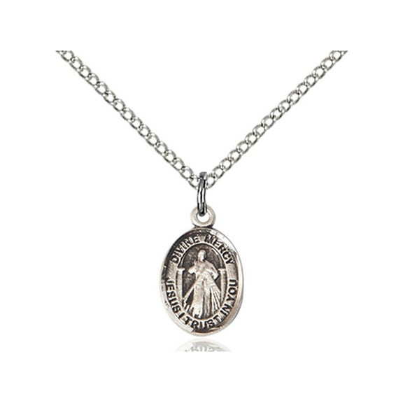 Sterling Silver Divine Mercy Pendant 1/2 x 1/4 inches with SS Lite Curb Chain